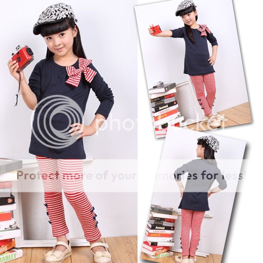 Kids Girls Blue Long Sleeve Shirt Red White Stripe Leggings Suit Sets Size 3 8